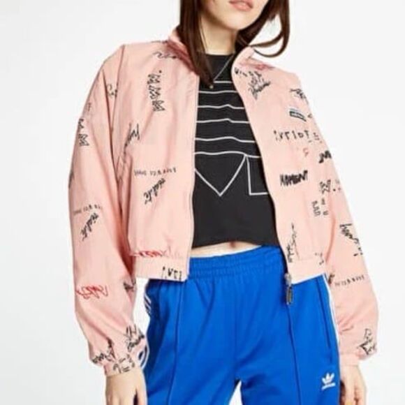 adidas Jackets & Blazers - Adidas Originals RYV Allover Script Print Cropped Windbreaker Jacket Track Top